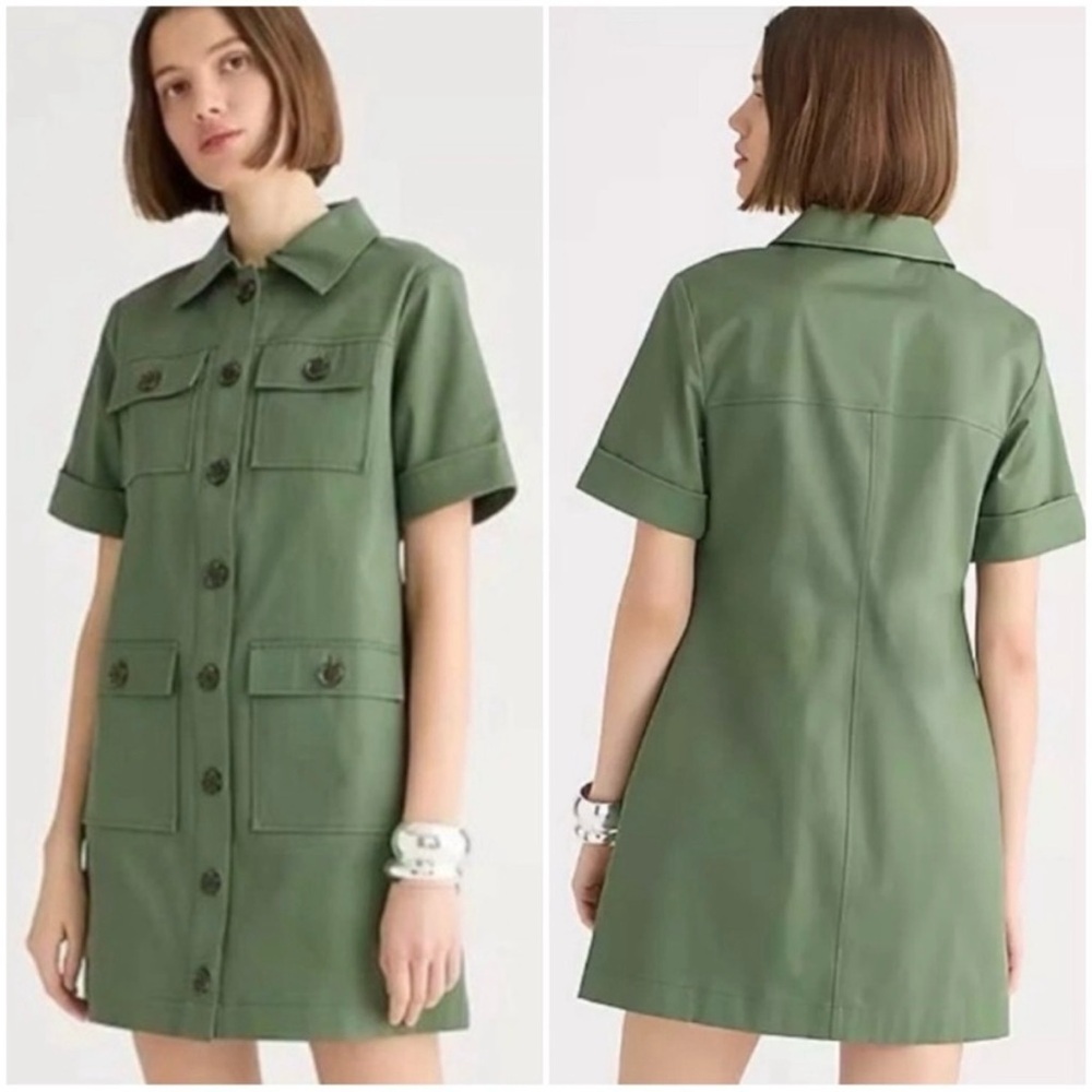 J.CREW‎ Olive Green Gamine Mini Shift Shirt-Dress Stretch Twill Size 6 Utility